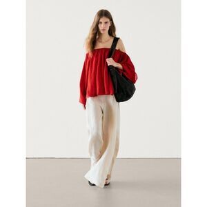 Massimo Dutti Womens Top M L Red Off The Shoulder Ruffled Blouse 5104/568 NWT